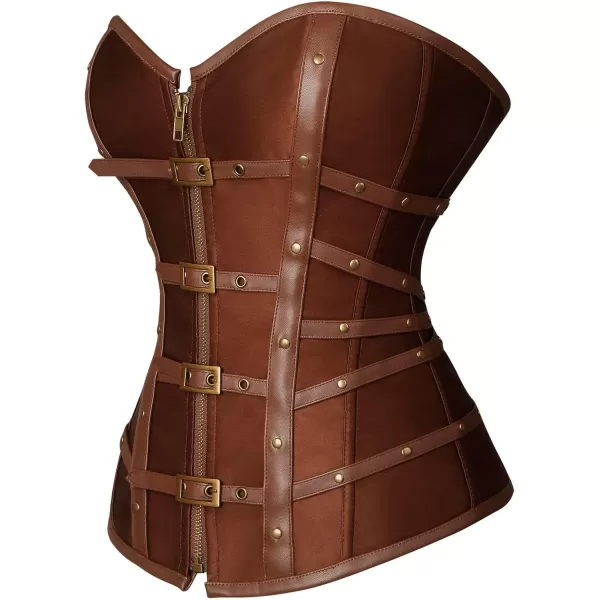 Charmian Womens Gothic Punk Satin Boned Zipper Overbust Corset Top with BucklesBrown