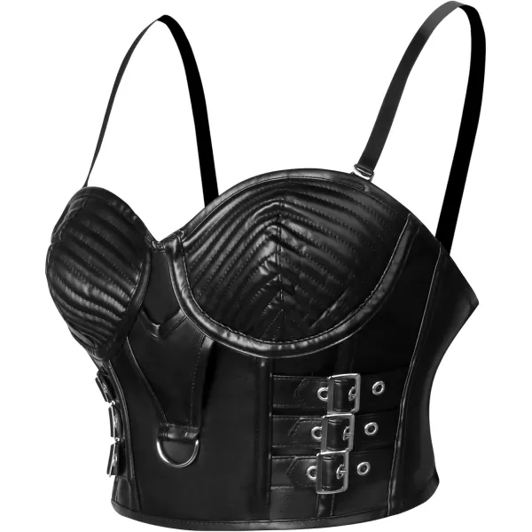 Charmian Womens PU Leather Spaghetti Straps Bustier Bra Clubwear Crop TopBlack