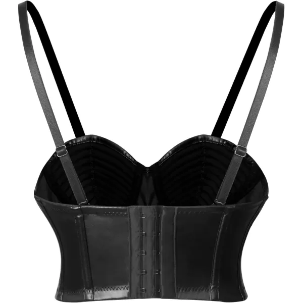 Charmian Womens PU Leather Spaghetti Straps Bustier Bra Clubwear Crop TopBlack