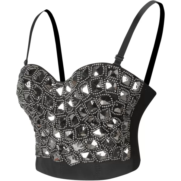 Charmian Womens Punk Rhinestone Beaded Shimmer Diamond Party Bustier Crop TopCharmian Womens Punk Rhinestone Beaded Shimmer Diamond Party Bustier Crop Top