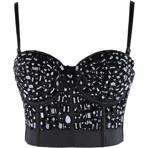 Charmian Womens Punk Rhinestone Push Up Bra Clubwear Party Bustier Crop TopBlack