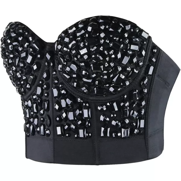 Charmian Womens Punk Rhinestone Push Up Bra Clubwear Party Bustier Crop TopBlack