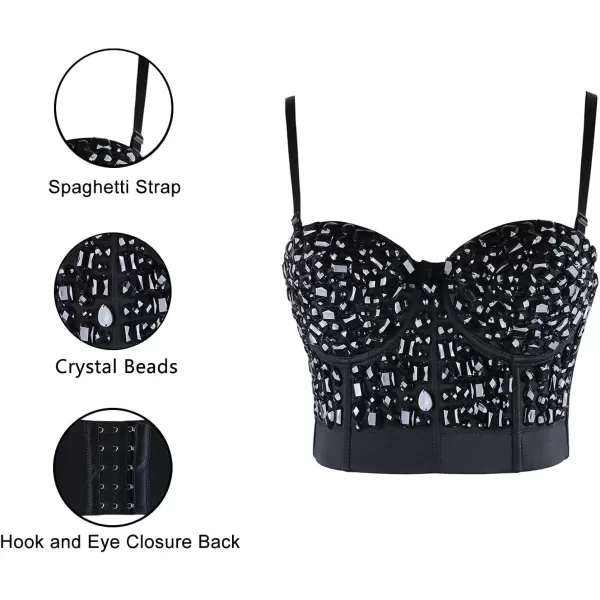 Charmian Womens Punk Rhinestone Push Up Bra Clubwear Party Bustier Crop TopBlack