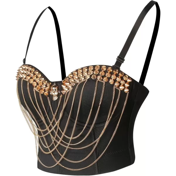 Charmian Womens Punk Rivets Chains Spaghetti Strap Skull Bustier Bra Corset TopBlackGolden