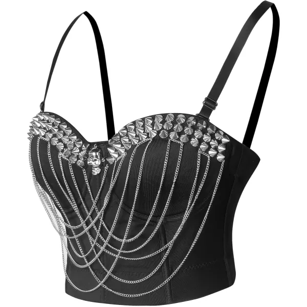 Charmian Womens Punk Rivets Chains Spaghetti Strap Skull Bustier Bra Corset TopCharmian Womens Punk Rivets Chains Spaghetti Strap Skull Bustier Bra Corset Top