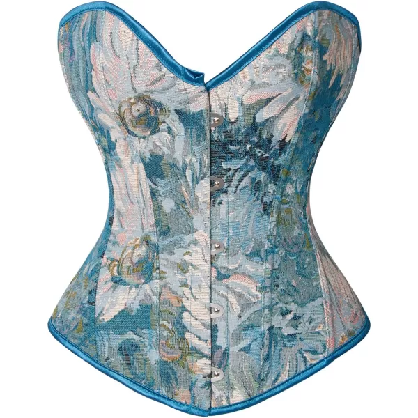 Charmian Womens Renaissance Floral Jacquard Lace Up Overbust Corset Bustier TopBlue