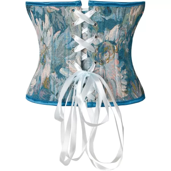 Charmian Womens Renaissance Floral Jacquard Lace Up Overbust Corset Bustier TopBlue