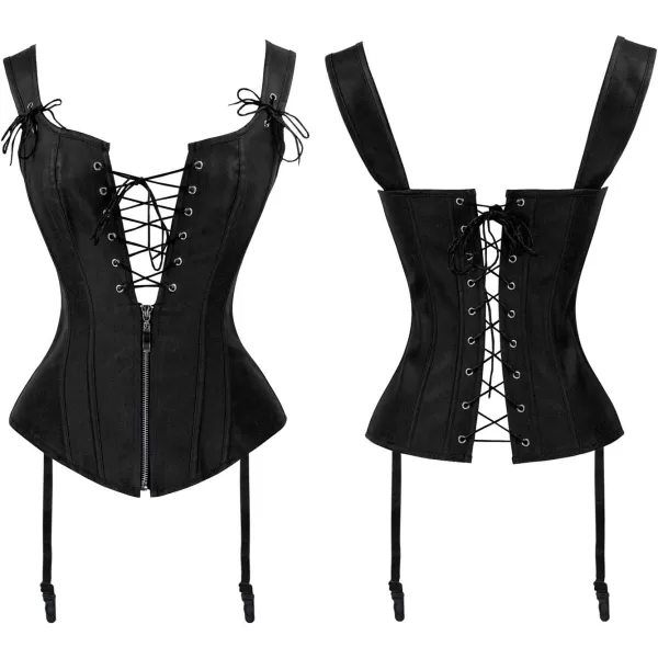 Charmian Womens Renaissance Lace Up Vintage Boned Bustier Corset with GartersBlack