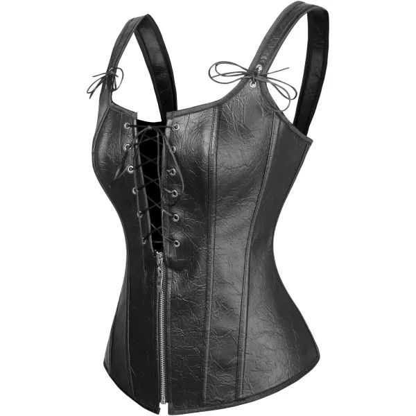 Charmian Womens Renaissance Lace Up Vintage Boned Bustier Corset with GartersBlackFaux Leather