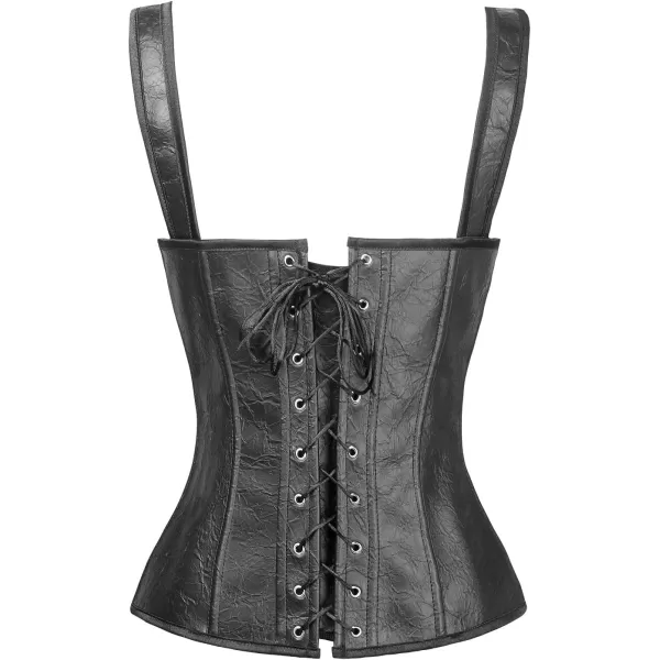 Charmian Womens Renaissance Lace Up Vintage Boned Bustier Corset with GartersBlackFaux Leather