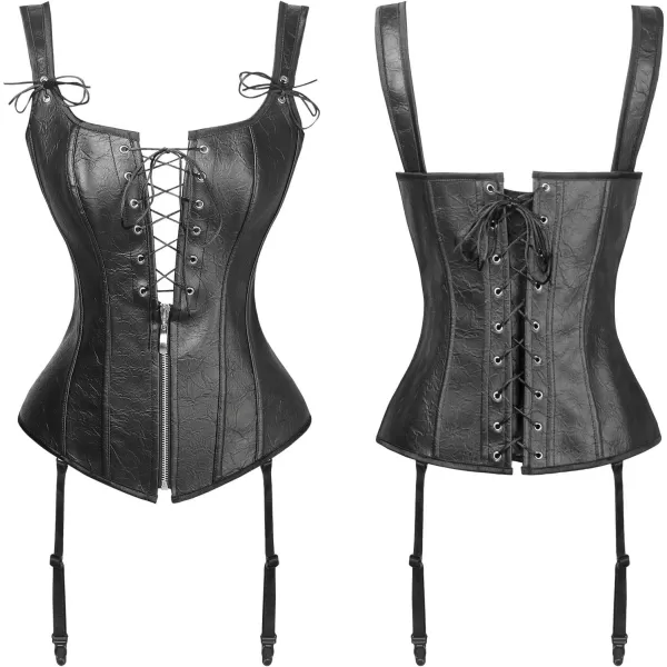 Charmian Womens Renaissance Lace Up Vintage Boned Bustier Corset with GartersBlackFaux Leather