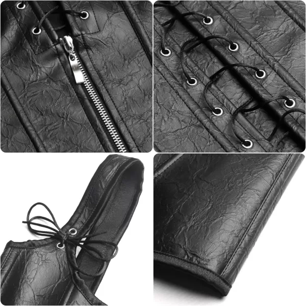 Charmian Womens Renaissance Lace Up Vintage Boned Bustier Corset with GartersBlackFaux Leather