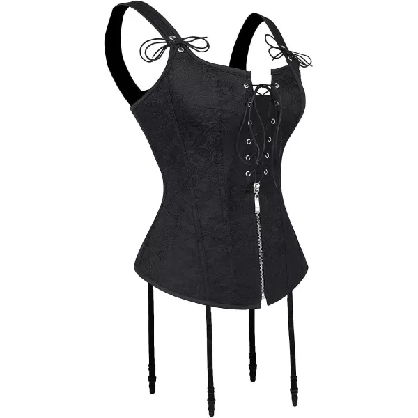 Charmian Womens Renaissance Lace Up Vintage Boned Bustier Corset with GartersBlackFloral