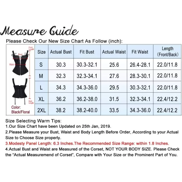 Charmian Womens Renaissance Lace Up Vintage Boned Bustier Corset with GartersBlackFloral
