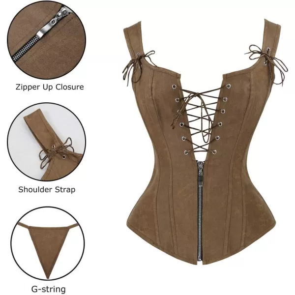 Charmian Womens Renaissance Lace Up Vintage Boned Bustier Corset with GartersBrown