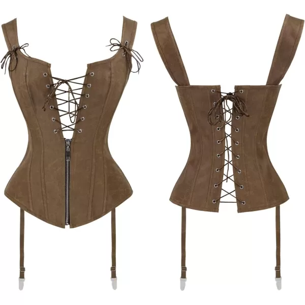 Charmian Womens Renaissance Lace Up Vintage Boned Bustier Corset with GartersBrown