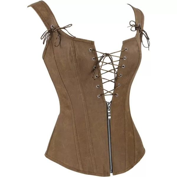 Charmian Womens Renaissance Lace Up Vintage Boned Bustier Corset with GartersBrown