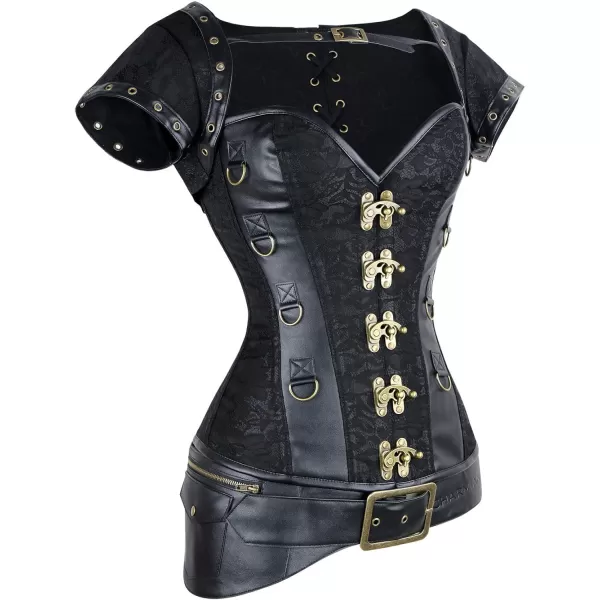 Charmian Womens Retro Goth Brocade Steampunk Overbust Corset with Jacket and BeltBlack