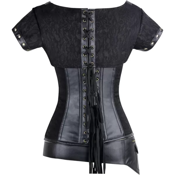 Charmian Womens Retro Goth Brocade Steampunk Overbust Corset with Jacket and BeltBlack