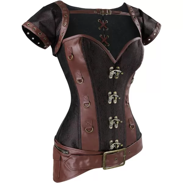 Charmian Womens Retro Goth Brocade Steampunk Overbust Corset with Jacket and BeltLightbrown