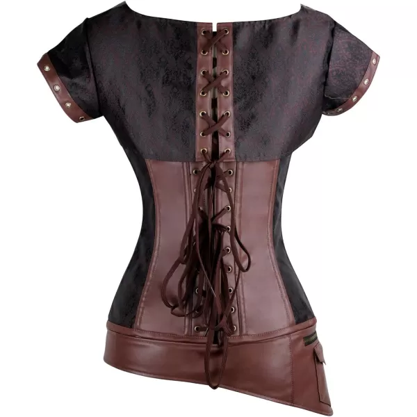 Charmian Womens Retro Goth Brocade Steampunk Overbust Corset with Jacket and BeltLightbrown