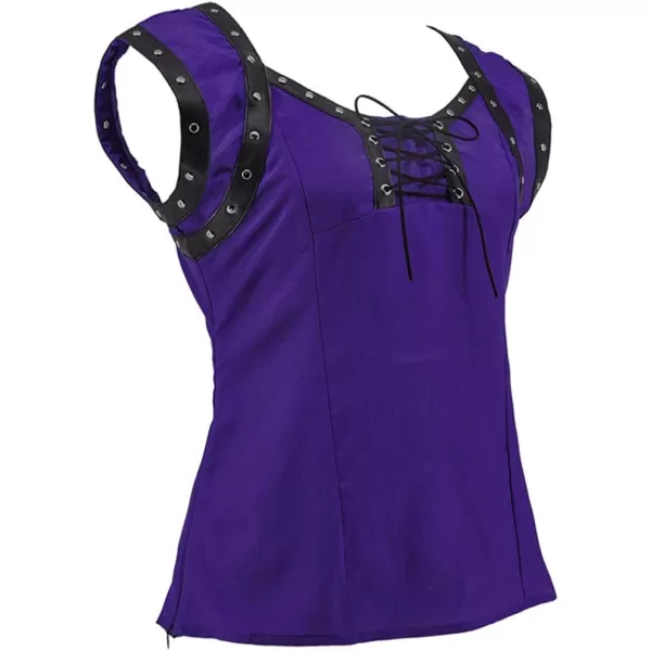 Charmian Womens Retro Gothic Lace Up Sleeveless Patchwork Crepe Casual Blouse TopPurple