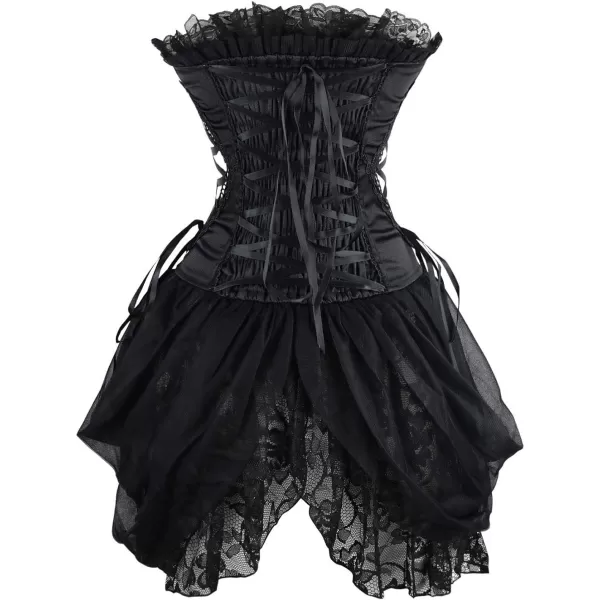 Charmian Womens Sexy Strapless Floral Embroidery Gothic Corset with Lace SkirtBlack