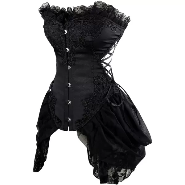 Charmian Womens Sexy Strapless Floral Embroidery Gothic Corset with Lace SkirtBlack