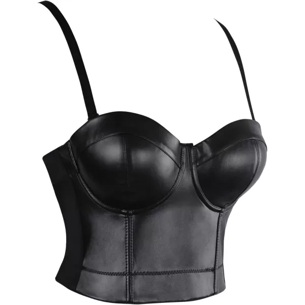 Charmian Womens Spaghetti Straps PU Leather Bustier Crop TopBlack