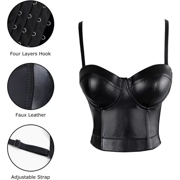 Charmian Womens Spaghetti Straps PU Leather Bustier Crop TopBlack