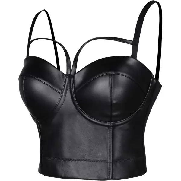 Charmian Womens Spaghetti Straps PU Leather Bustier Crop TopMatt Black