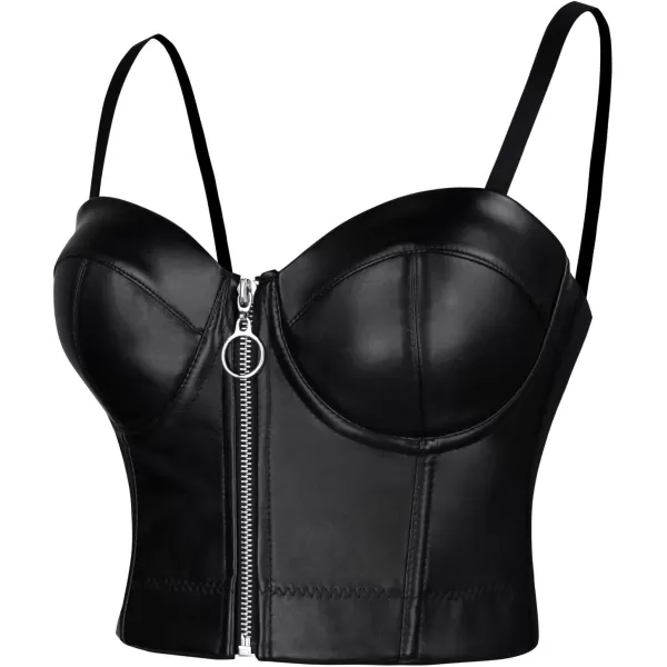 Charmian Womens Spaghetti Straps PU Leather Bustier Crop TopZipper Black