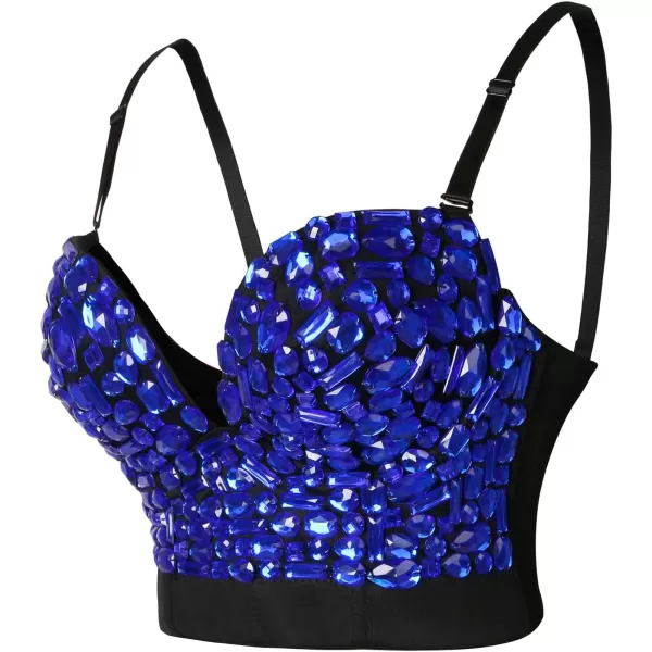 Charmian Womens Spaghetti Straps Rhinestone Beaded Clubwear Bustier Crop Top BraBlueupgrade