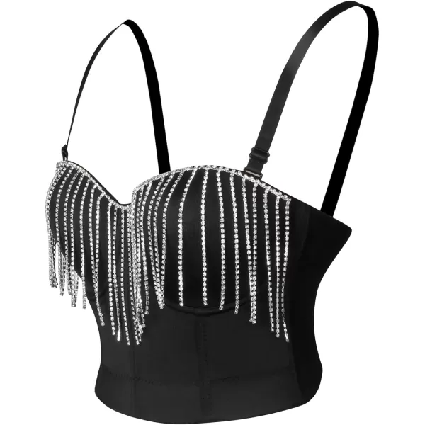 Charmian Womens Sparkly Fringe Diamond Rhinestone Tassel Crop Top Corset BraBlack