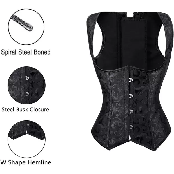 Charmian Womens Spiral Steel Boned Brocade Waist Cincher Underbust Corset VestBlack