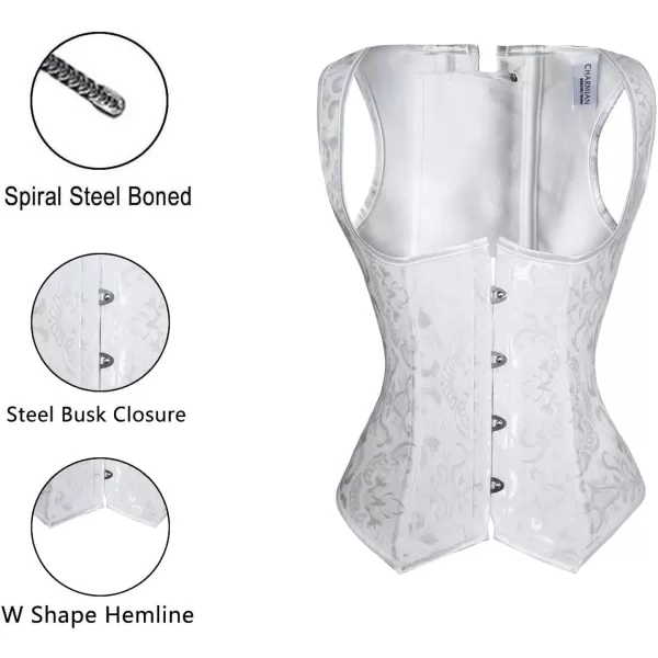 Charmian Womens Spiral Steel Boned Brocade Waist Cincher Underbust Corset VestWhite