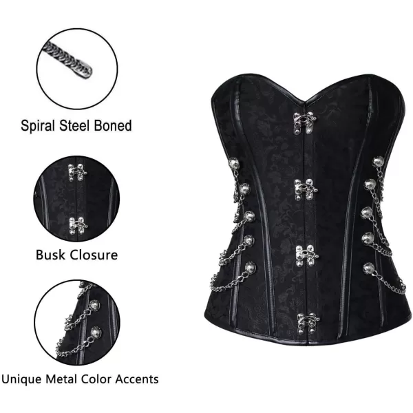 Charmian Womens Spiral Steel Boned Steampunk Gothic Bustier Corset with ChainsBlack