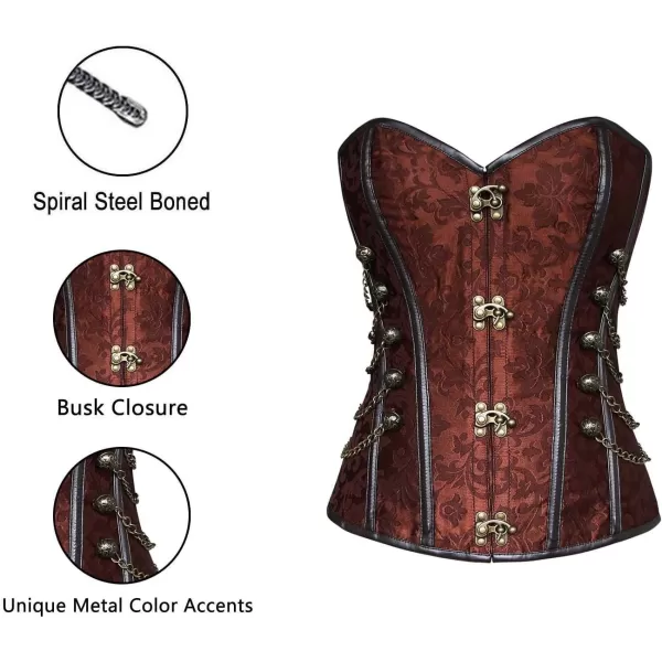 Charmian Womens Spiral Steel Boned Steampunk Gothic Bustier Corset with ChainsBrown