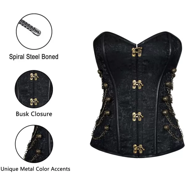 Charmian Womens Spiral Steel Boned Steampunk Gothic Bustier Corset with ChainsBuckle Black