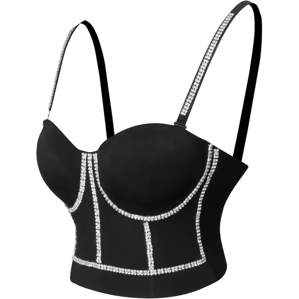 Charmian Womens Steampunk Diamond Beaded Clubwear Corset Crop Top Bustier BraBlack