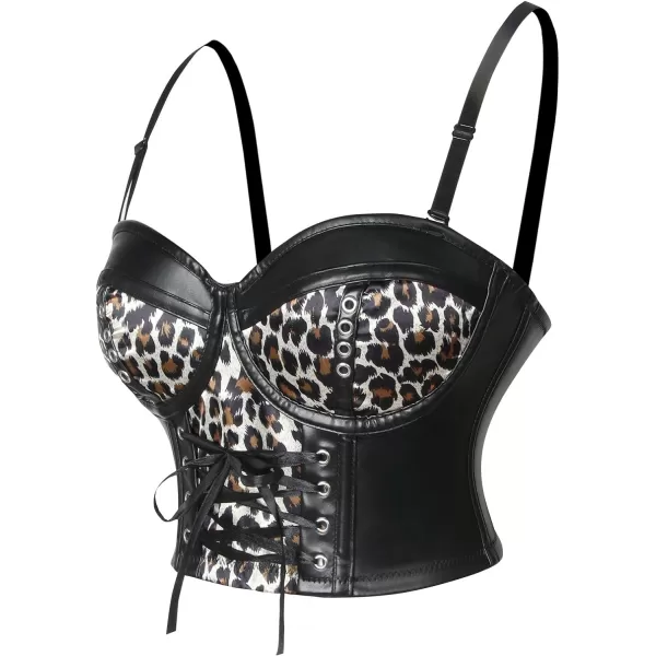 Charmian Womens Steampunk Goth PU Leather Leopard Clubwear Bustier Crop Top BraBlack