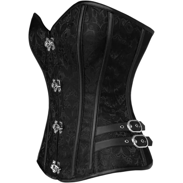 Charmian Womens Steampunk Gothic Brocade Steel Boned Bustier Corset with BuckleBlack