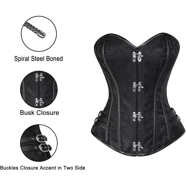 Charmian Womens Steampunk Gothic Brocade Steel Boned Bustier Corset with BuckleBlack