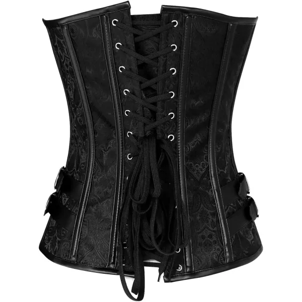 Charmian Womens Steampunk Gothic Brocade Steel Boned Bustier Corset with BuckleBlack