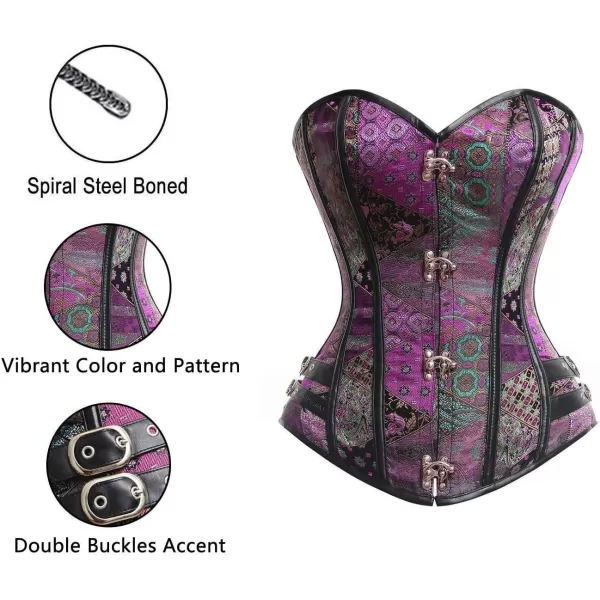 Charmian Womens Steampunk Gothic Brocade Steel Boned Bustier Corset with BucklePurple