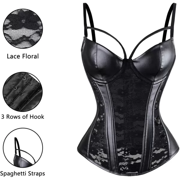 Charmian Womens Steampunk Gothic Lace Corset Bustier Faux Leather Bra LingerieBlack