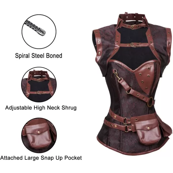 Charmian Womens Steampunk Spiral Steel Boned Vintage Retro Corset Tops BustierDarkbrown