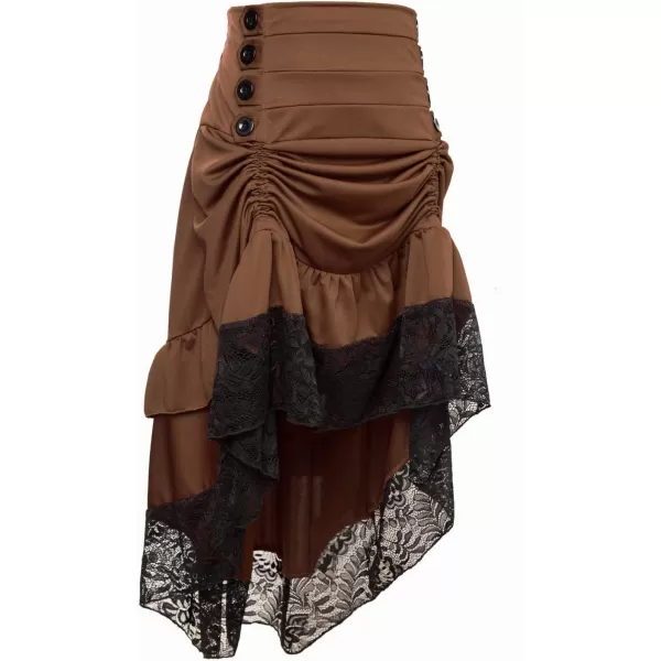 Charmian Womens Steampunk Victorian Gothic Lace Trim Ruffled High Low SkirtBrown