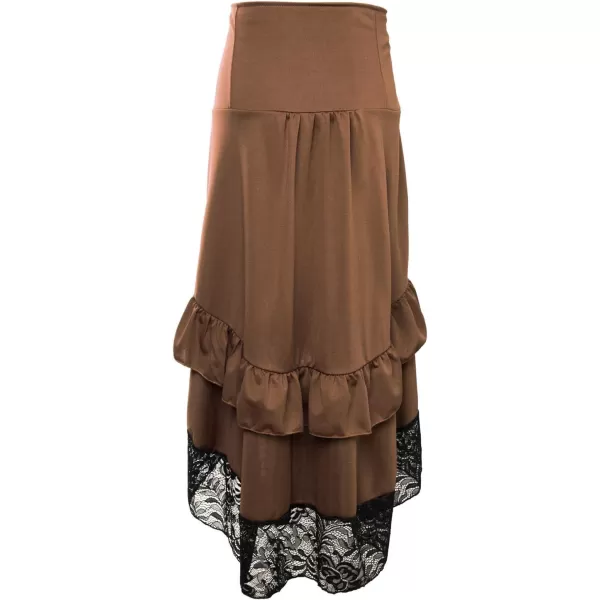 Charmian Womens Steampunk Victorian Gothic Lace Trim Ruffled High Low SkirtBrown