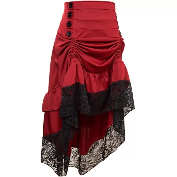 Charmian Womens Steampunk Victorian Gothic Lace Trim Ruffled High Low SkirtBurgundy